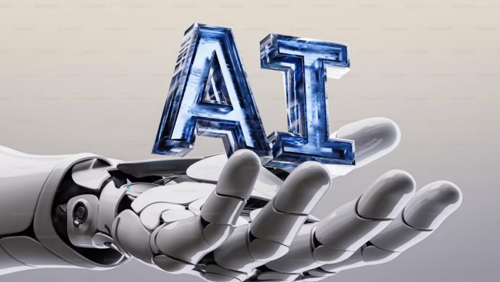 Robot hand holding AI letters representing artificial intelligence and technology transformation