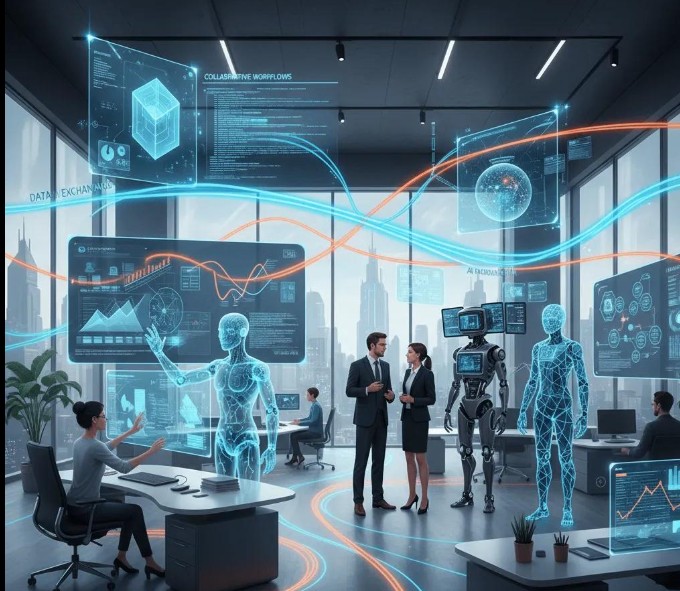AI-powered digital workspace showing generative AI assistants, automation tools, and intelligent business solutions improving workplace productivity
