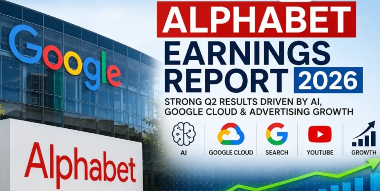 The exterior of a modern Google corporate office building with the colorful Google logo prominently displayed on the glass facade, representing Alphabet's Q2 earnings report.