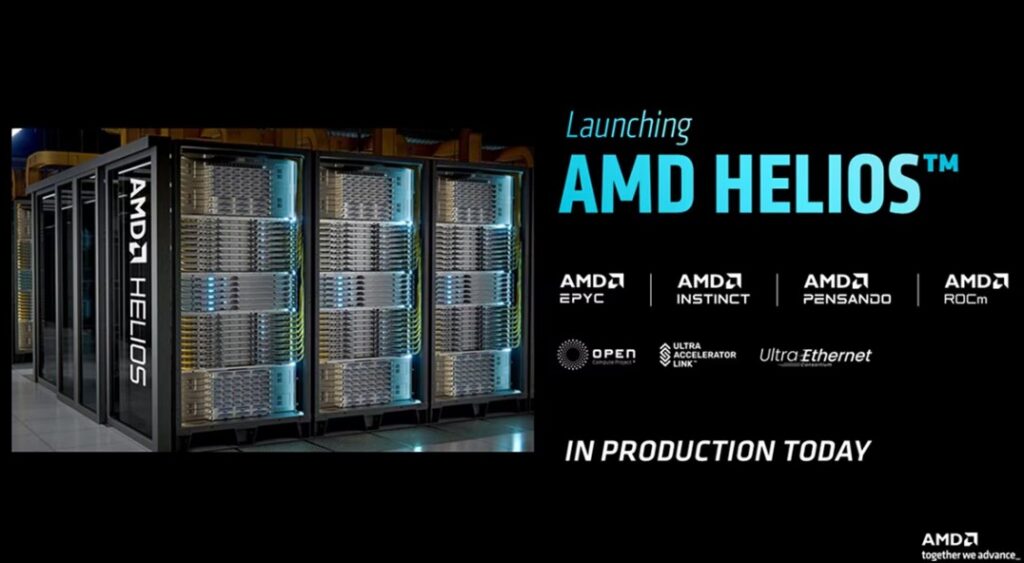Front view of the AMD Helios server rack, a full-stack liquid-cooled AI infrastructure solution housing 72 AMD Instinct MI455X GPUs and Zen 6 Venice CPUs, displayed at the Advancing AI 2026 conference.