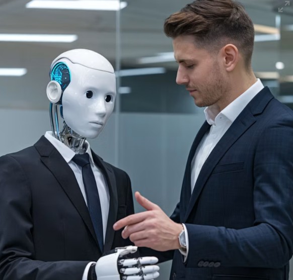 Business professional in a suit communicating with a humanoid robot, representing human and artificial intelligence collaboration